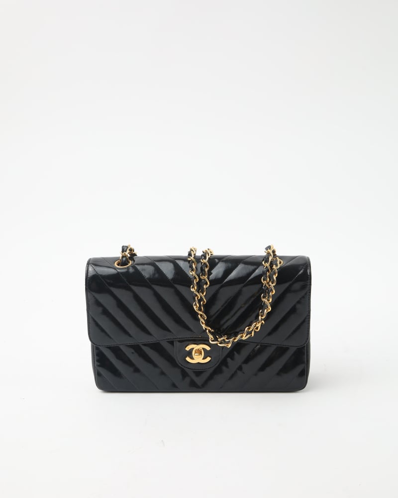 CHANEL Patent Medium Chevron Double Flap Bag