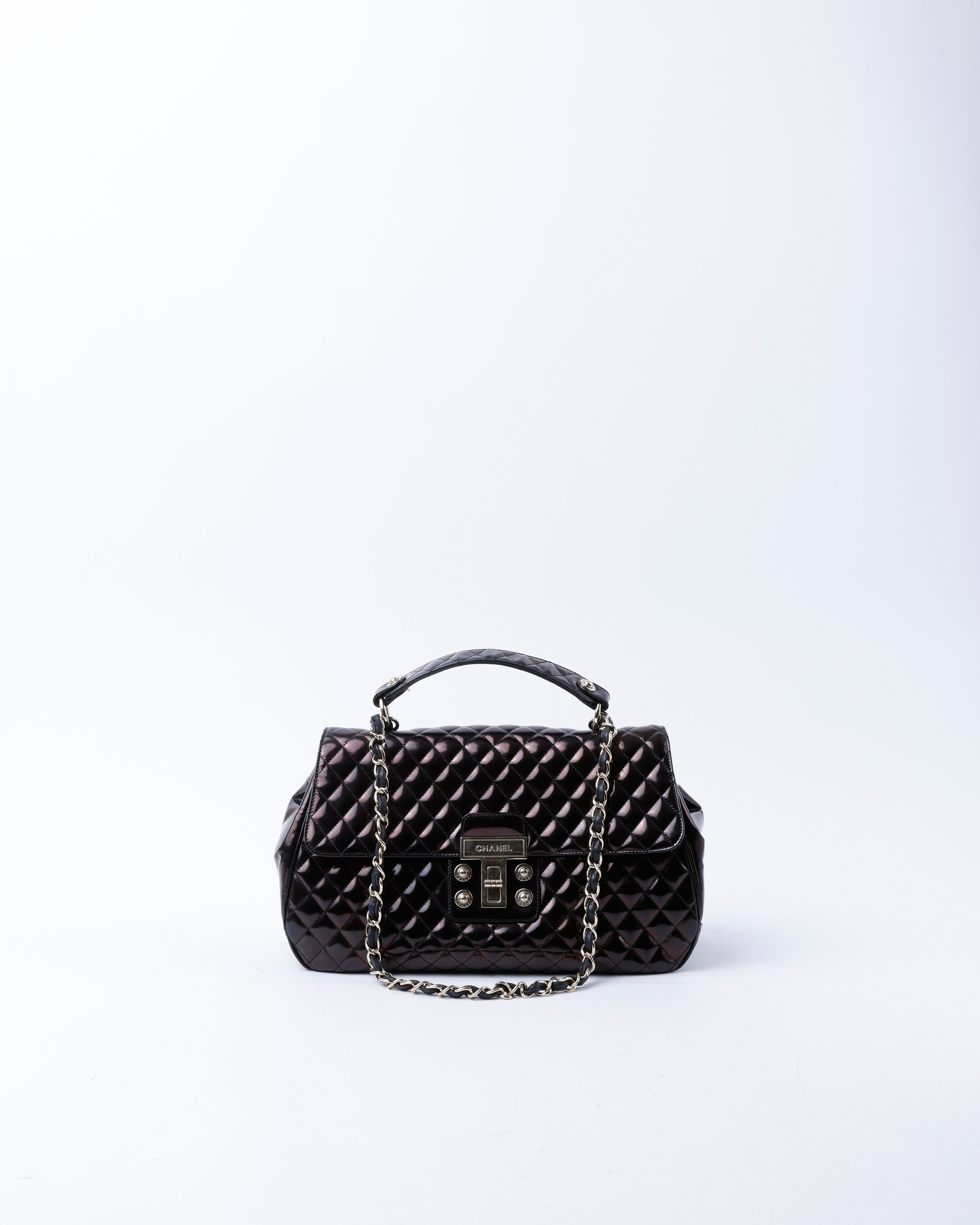 CHANEL Glazed Patent Mademoiselle Lock Kelly Flap Bag