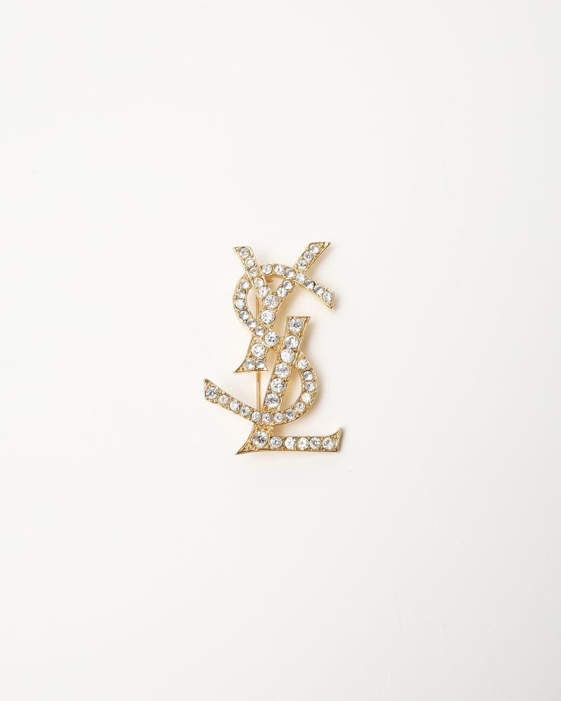 SAINT LAURENT Logo Rhinestone Brooch