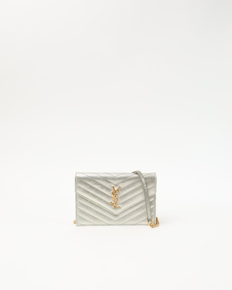 SAINT LAURENT Monogram Wallet On Chain Matelasse Chevron Metallic Bag