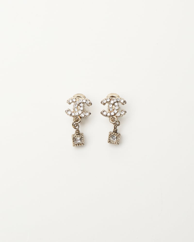 CHANEL CC Rhinestone Clip-on Dangling Earrings