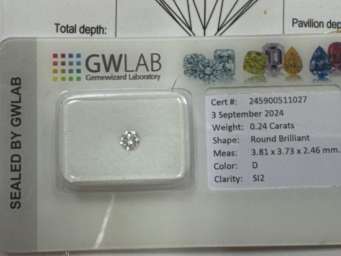 Ingen mindstepris - 1 pcs Diamant  (Natur)  - 0.24 ct - Rund - D (farveløs) - SI2 - Gemewizard Gemological Laboratory (GWLab)