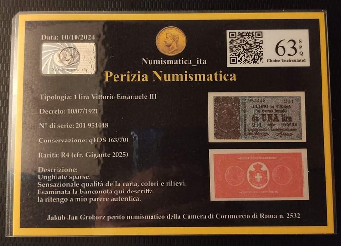 Italien. 1 Lira 10/07/1921