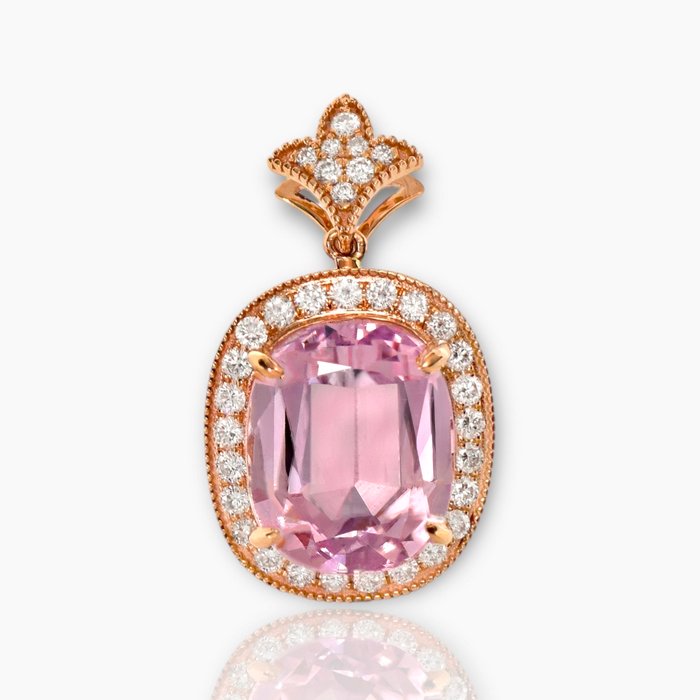 Ingen mindstepris - Vedhæng - 14 karat Rosaguld -  10.22ct. tw. Kunzit - Diamant - IGI 9,66 ct Pink