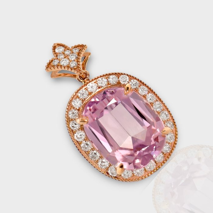 Ingen mindstepris - Vedhæng - 14 karat Rosaguld -  10.22ct. tw. Kunzit - Diamant - IGI 9,66 ct Pink