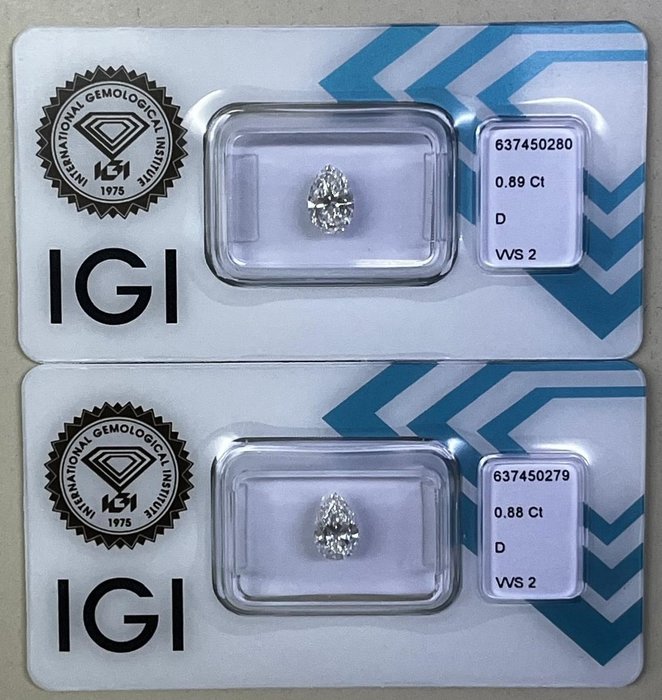 2 pcs Diamant  (Natur)  - 177 ct - Pære - D (farveløs) - VVS2 - International Gemological Institute (IGI)