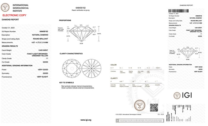 Ingen mindstepris - 1 pcs Diamant  (Naturfarvet)  - 0.46 ct - Rund - Fancy light Brunlig, Grønlig Gul - I1 - International Gemological Institute (IGI)