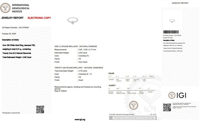 Ring - 18 kraat Hvidguld -  0.66ct. tw. Diamant (Natur) - Diamant