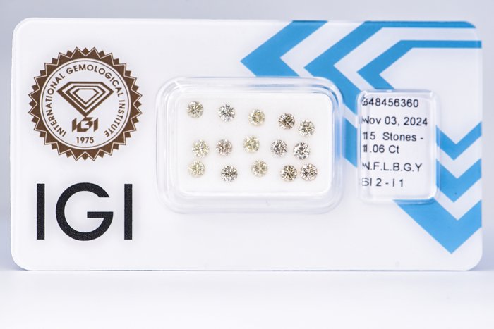 Ingen mindstepris - 15 pcs Diamant  (Naturfarvet)  - 1.06 ct - Rund - Fancy light Brunlig, Grønlig Gul - I1, SI2 - International Gemological Institute (IGI)