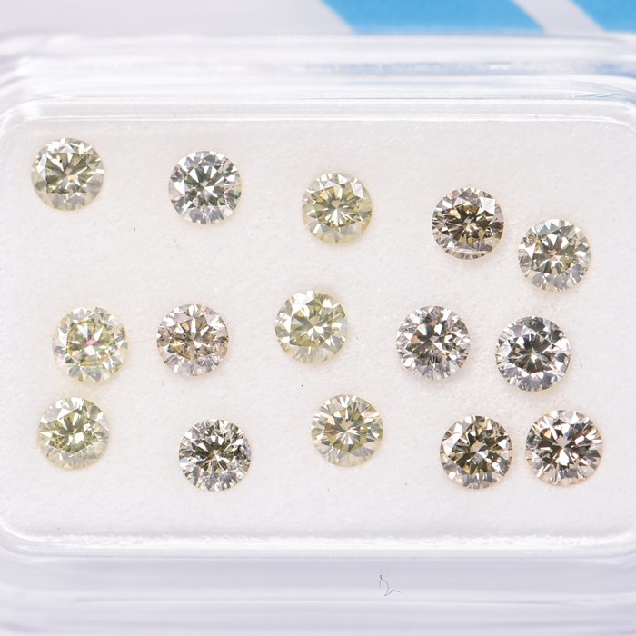 Ingen mindstepris - 15 pcs Diamant  (Naturfarvet)  - 1.06 ct - Rund - Fancy light Brunlig, Grønlig Gul - I1, SI2 - International Gemological Institute (IGI)