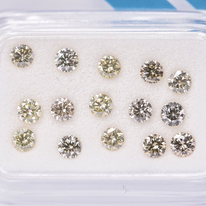 Ingen mindstepris - 15 pcs Diamant  (Naturfarvet)  - 1.06 ct - Rund - Fancy light Brunlig, Grønlig Gul - I1, SI2 - International Gemological Institute (IGI)