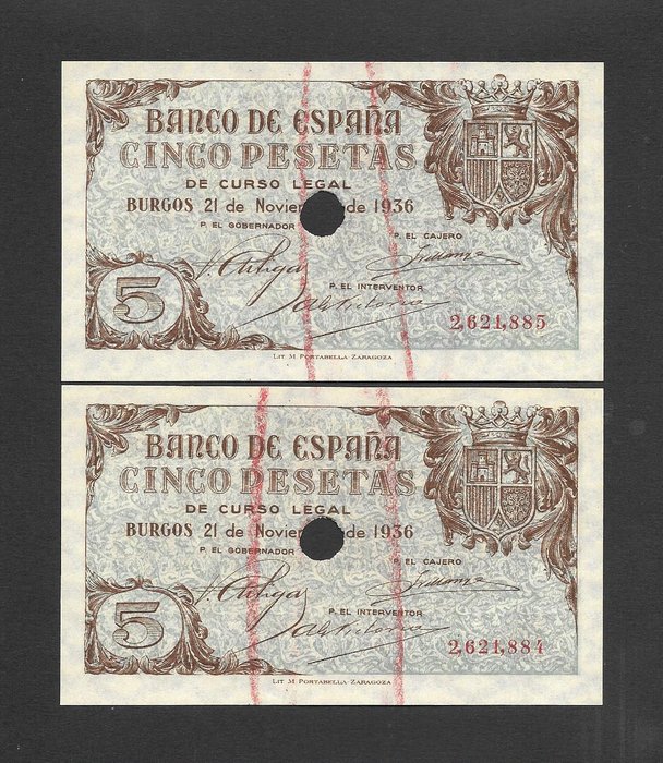 Spanien. - 2 x 5 Pesetas 1936 - Consecutives - Pick 98