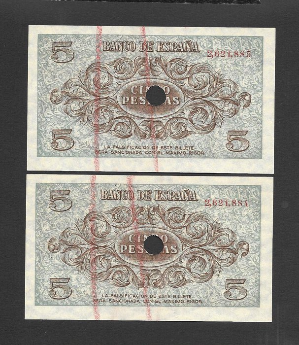 Spanien. - 2 x 5 Pesetas 1936 - Consecutives - Pick 98