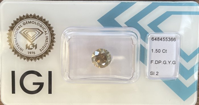 Ingen mindstepris - 1 pcs Diamant  (Naturfarvet)  - 1.50 ct - Rund - Fancy deep Grønlig, Gul Grå - SI2 - International Gemological Institute (IGI) - Fancy .DP.G.Y.G