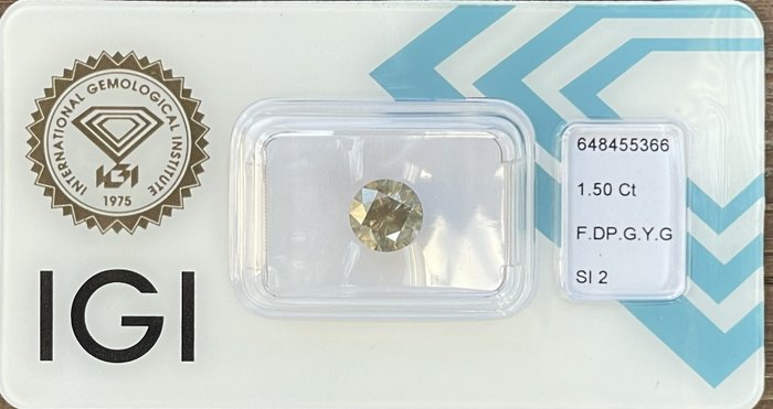 Ingen mindstepris - 1 pcs Diamant  (Naturfarvet)  - 1.50 ct - Rund - Fancy deep Grønlig, Gul Grå - SI2 - International Gemological Institute (IGI) - Fancy .DP.G.Y.G