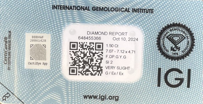 Ingen mindstepris - 1 pcs Diamant  (Naturfarvet)  - 1.50 ct - Rund - Fancy deep Grønlig, Gul Grå - SI2 - International Gemological Institute (IGI) - Fancy .DP.G.Y.G