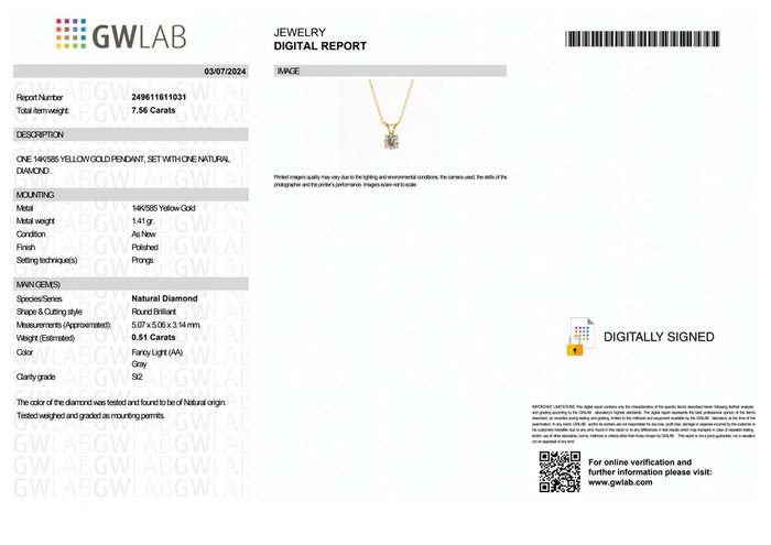 Ingen mindstepris - Halskæde med vedhæng - 14 karat Gulguld -  0.51ct. tw. Grå Diamant (Naturfarvet) - GWLab