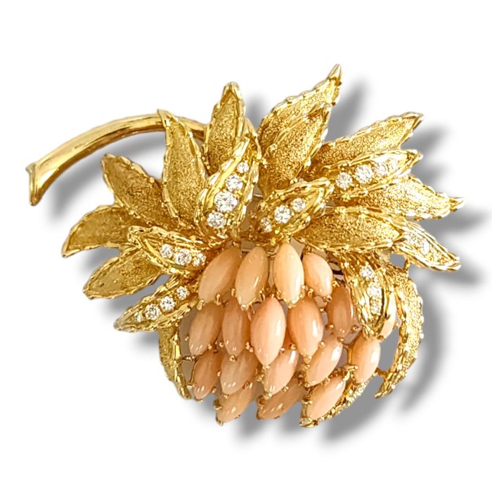 Broche - 18 kraat Gulguld, Kvinders orange vintage 18 k gul 1,0 Ct diamant- og koralblomstbroche Koral - Diamant