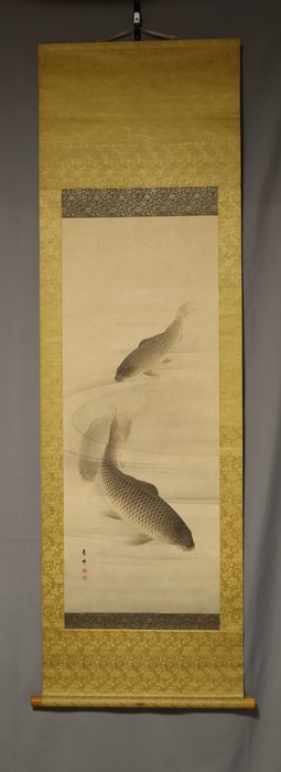 Three Carp - Med signatur Toho 董峰 - Silke - Yoshida Toho (1848-1931) - Japan - 20. århundrede