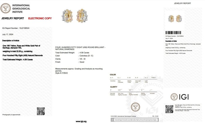 Øreringe - 18 kraat Gulguld, Hvidguld, Rosaguld -  4.58ct. tw. Diamant (Natur)