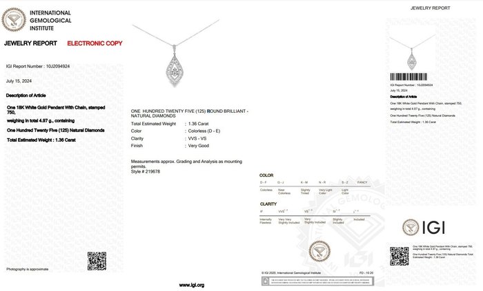 Halskæde med vedhæng - 18 kraat Hvidguld -  1.36ct. tw. Diamant (Natur)