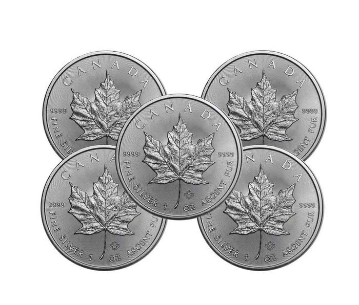 Canada. 5 x 1 oz $5 CAD Silver Maple Leaf Coin BU (Random Years)