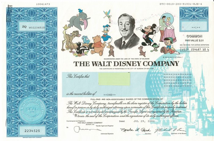 Certifikat - Disney - Original Walt Disney Stock Certificate - One Share - 2002