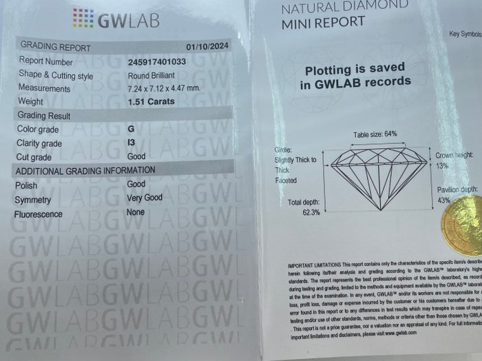 Ingen mindstepris - 1 pcs Diamant  (Natur)  - 1.51 ct - Rund - G - I3 - Gemewizard Gemological Laboratory (GWLab)