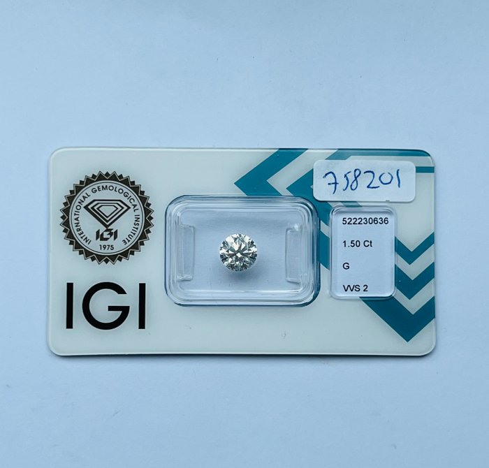 1 pcs Diamant  (Natur)  - 1.50 ct - Rund - G - VVS2 - International Gemological Institute (IGI)