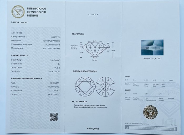 1 pcs Diamant  (Natur)  - 1.50 ct - Rund - G - VVS2 - International Gemological Institute (IGI)