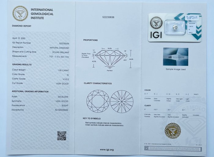 1 pcs Diamant  (Natur)  - 1.50 ct - Rund - G - VVS2 - International Gemological Institute (IGI)