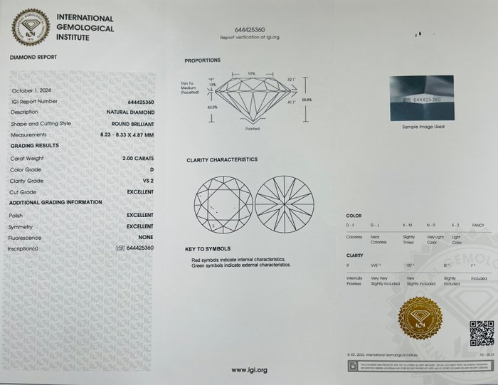 1 pcs Diamant  (Natur)  - 2.00 ct - Rund - D (farveløs) - VS2 - International Gemological Institute (IGI) - *3EX* Ingen*