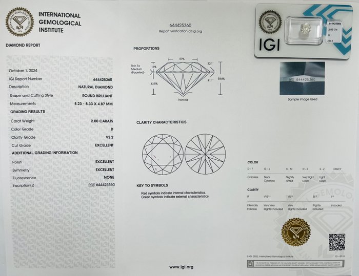 1 pcs Diamant  (Natur)  - 2.00 ct - Rund - D (farveløs) - VS2 - International Gemological Institute (IGI) - *3EX* Ingen*