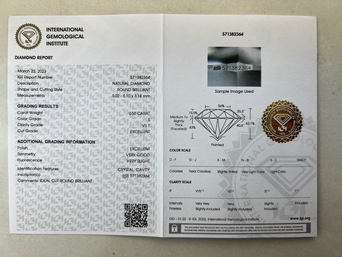 1 pcs Diamant  (Natur)  - 050 ct - Rund - E - VS1 - International Gemological Institute (IGI)