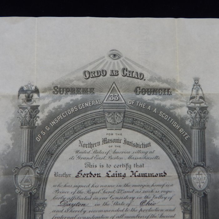 Dokument - Masonic Certificate  AASR 32 degree - 1922