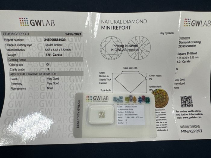 Ingen mindstepris - 1 pcs Diamant  (Natur)  - 1.01 ct - Kvadrat - G - I1 - Gemewizard Gemological Laboratory (GWLab)