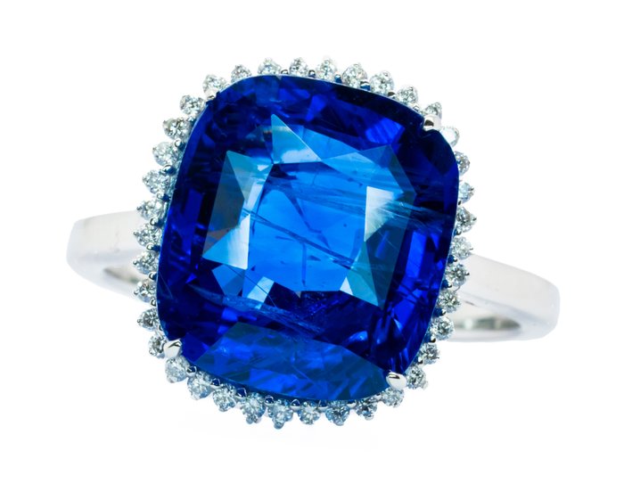 Ingen mindstepris - Ring - 18 kraat Hvidguld -  8.58ct. tw. Safir - Diamant - Levende 'Peacock' Blue (Burma)