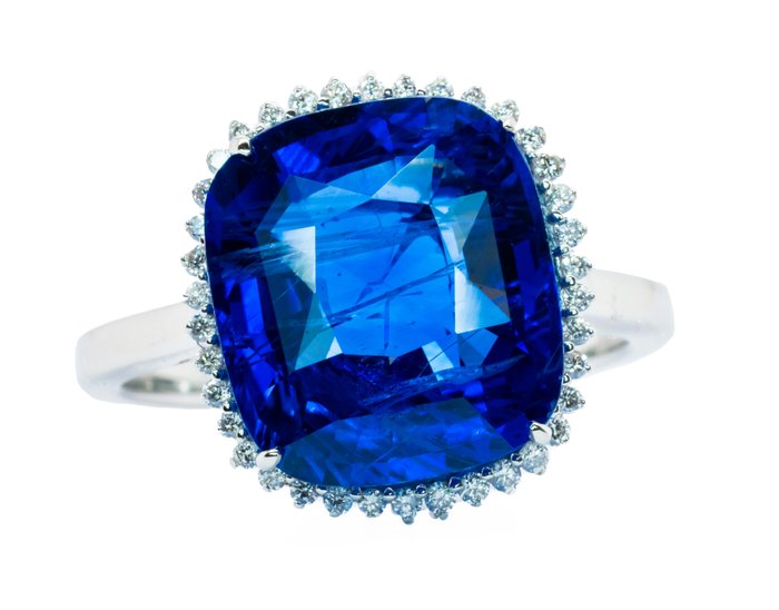 Ingen mindstepris - Ring - 18 kraat Hvidguld -  8.58ct. tw. Safir - Diamant - Levende 'Peacock' Blue (Burma)