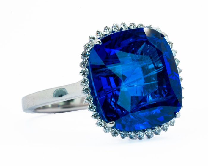 Ingen mindstepris - Ring - 18 kraat Hvidguld -  8.58ct. tw. Safir - Diamant - Levende 'Peacock' Blue (Burma)