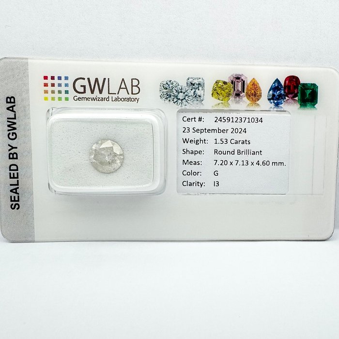 Ingen mindstepris - 1 pcs Diamant  (Natur)  - 1.53 ct - Rund - G - I3 - Gemewizard Gemological Laboratory (GWLab)