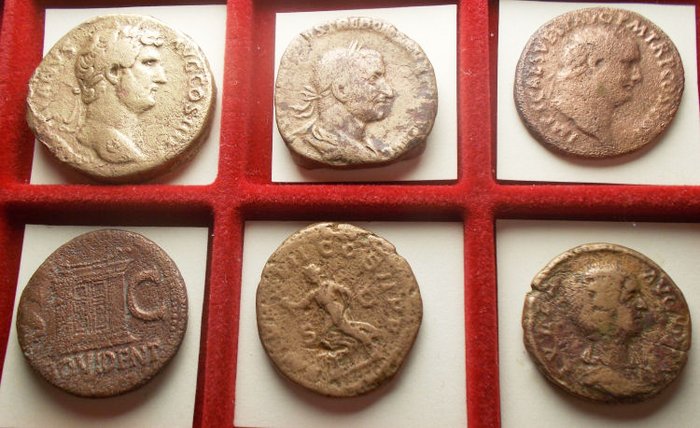 Romarriket. Divus Augustus / Titus / Hadrian / Julia Domna / Severus Alexander / Trebonianus Gallus. Lot of 6 bronzes (Asses/Sestertii)  (Ingen mindstepris)