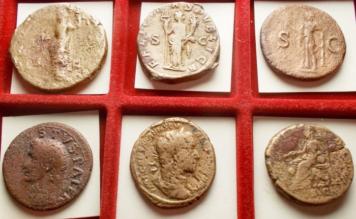 Romarriket. Divus Augustus / Titus / Hadrian / Julia Domna / Severus Alexander / Trebonianus Gallus. Lot of 6 bronzes (Asses/Sestertii)  (Ingen mindstepris)