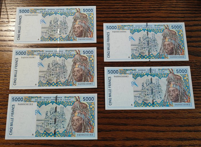 Vestafrikanske stater. - 5 x 5000 Francs ND (1992-2003) - Pick 113A  (Ingen mindstepris)