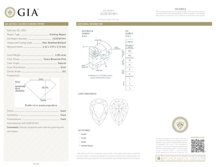 1 pcs Diamant  (Naturfarvet)  - 0.28 ct - Pære - Fancy Brunlig Lyserød - SI2 - Gemological Institute of America (GIA)