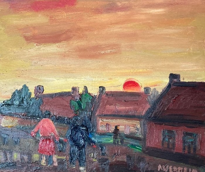 A. Vermeir (1905-1994) - Stadsgezicht met ondergaande zon