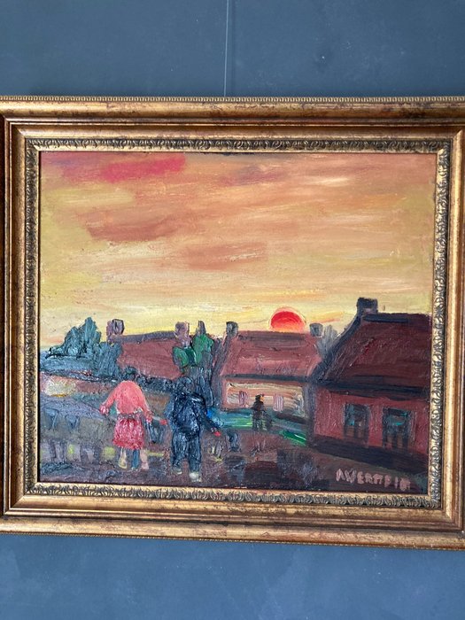 A. Vermeir (1905-1994) - Stadsgezicht met ondergaande zon