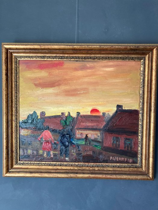 A. Vermeir (1905-1994) - Stadsgezicht met ondergaande zon