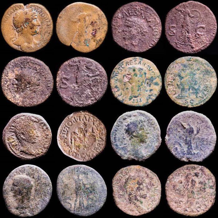 Romarriket. Lot comprising eight (8) late roman bronze coins minted between III-IV centuries A.D. Ases, III-IV c. A.D. - Hadrian, Claudius I, Augustus, Commodus, Gordian III?  (Ingen mindstepris)