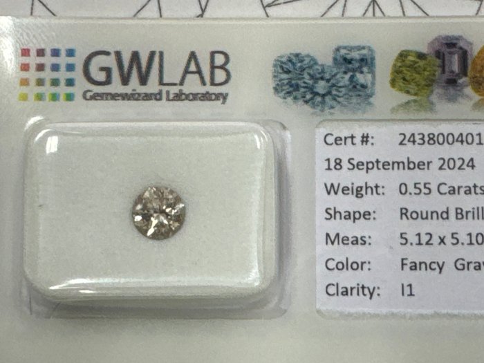 Ingen mindstepris - 1 pcs Diamant  (Naturfarvet)  - 055 ct - Rund - Fancy Grå - I1 - Gemewizard Gemological Laboratory (GWLab)