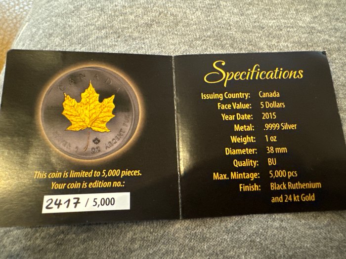 Canada. 5 Dollars 2015  "Maple Leaf" - Golden Enigma Ruthenium Gold, 1 Oz (.999)  (Ingen mindstepris)